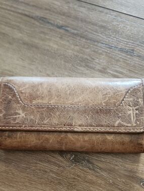 Brown Frye Distressed Leather Wallet with Embossed Logo
